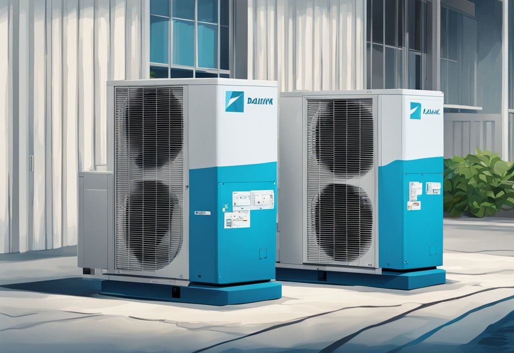 Modern digital painting of Daikin vs Mitsubishi air conditioning units in blue theme for comparison.