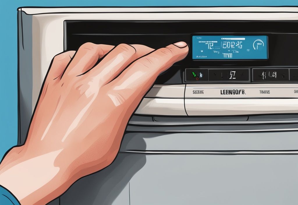 Close-up of hand pressing reset button on Lennox air conditioner unit, modern digital painting, blue color theme