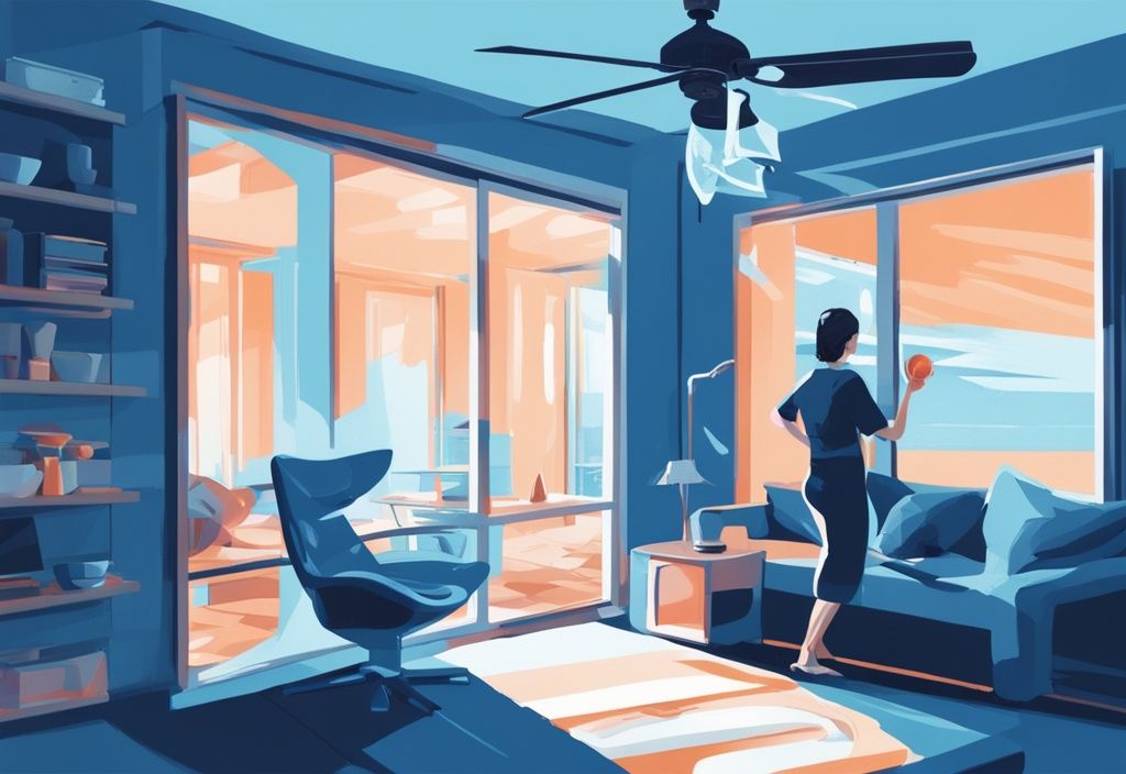 Modern digital painting of a blue-themed room with open windows, a spinning ceiling fan, and a person placing a bowl of ice in front of a table fan.