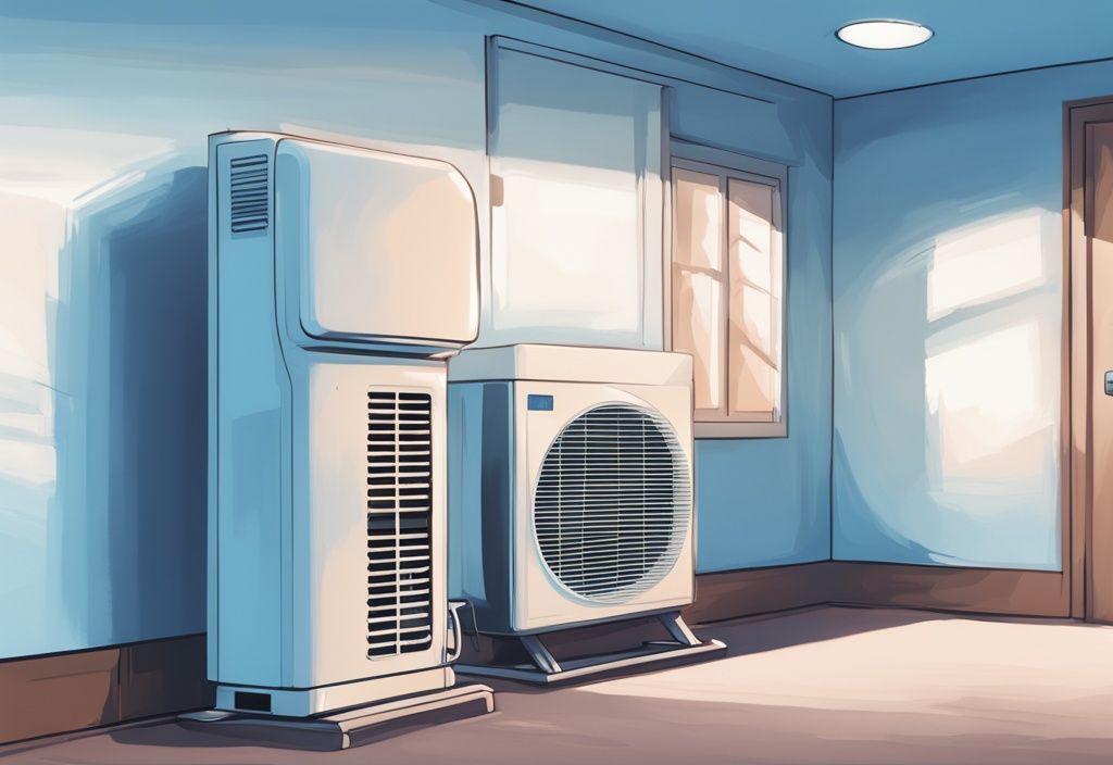 Modern digital painting of a split system air conditioner not blowing cold air, with a blue color theme and visible indicators showing it is turned on.