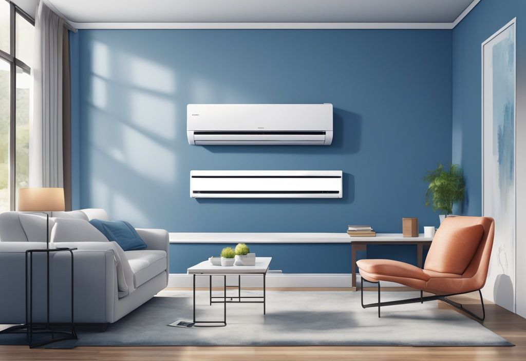 Modern digital painting of a Fujitsu air conditioner in a blue-themed living room.