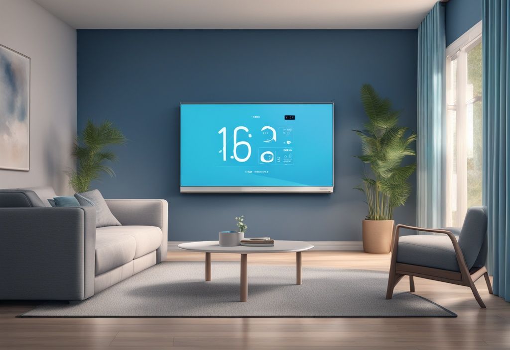 Modern digital painting illustration featuring a Hisense air conditioner E5 model in a blue-themed living room, displaying E5 error code on its digital screen.