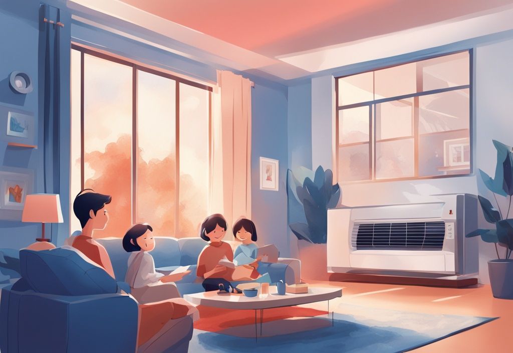 Modern living room with a family enjoying cool air from a Fujitsu air conditioner, illustrating the question: are Fujitsu air conditioners good? Blue-themed digital painting.