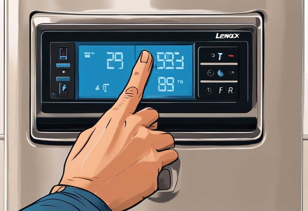 Close-up of a hand pressing the Lennox air conditioner reset button, digital painting in blue tones.