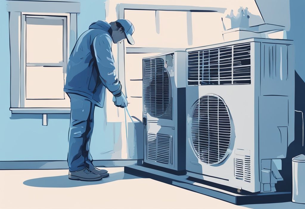 Modern digital painting of a person inspecting a frozen indoor AC unit with toolkit and step-by-step guide, blue color theme.