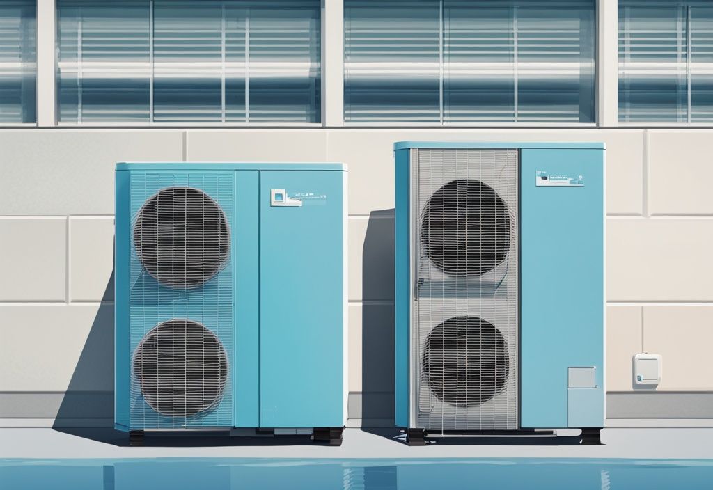 Modern digital painting of blue-themed air conditioning units, Daikin and Mitsubishi, side by side comparison.