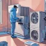 A modern digital painting of a person inspecting a frozen AC unit indoors, with tools and a guidebook, illustrating what to do when your ac unit freezes up inside, in a blue color theme.