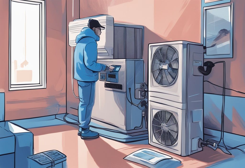 A modern digital painting of a person inspecting a frozen AC unit indoors, with tools and a guidebook, illustrating what to do when your ac unit freezes up inside, in a blue color theme.